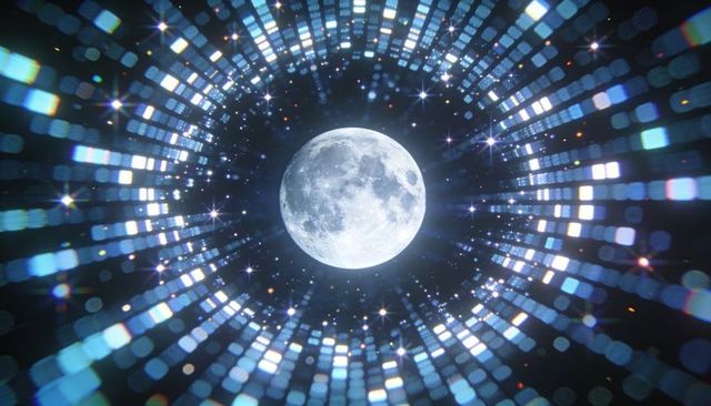 Glowing Full Moon Displaying Craters in Neon Digital Space Tunnel with Concentric Bokeh