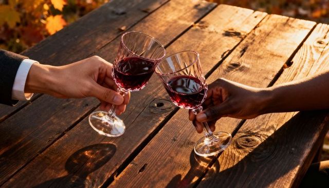 Crystal Wine Glasses Clinking on Rustic Picnic Table at Golden Hour