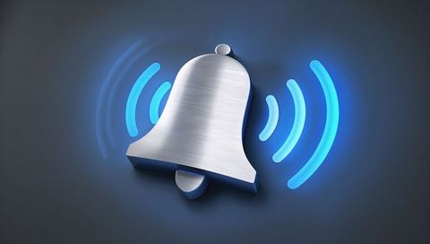3d metallic notification bell emitting neon blue sound waves for app alerts