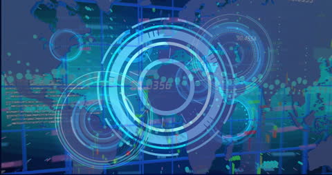 Digital Interface with World Map and Data Analytics Graphics