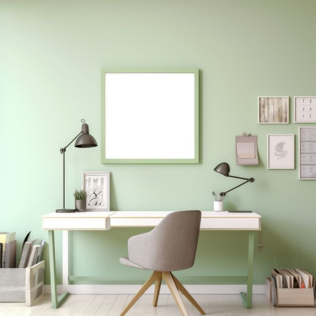 Bright and airy home office featuring green accent wall, white desk, and modern chair. Appealing setup with organized workspace, subtle wall art, and natural light. Ideal for articles or blogs on home decor, efficient workspace design, or modern minimalism aesthetics.