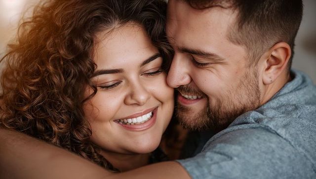 Romantic couple embracing close-up, smiling and cuddling in cozy intimate domestic moment
