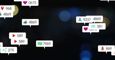 Social Media Notification Overlay Floating Speech Bubbles with Reaction Counts Dark Bokeh