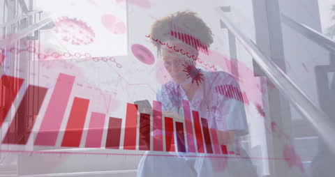 Doctor Analyzing Smartphone with Overlay of Financial Data and Virus Cells