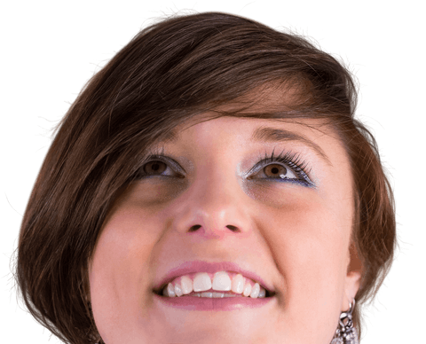 Joyful Brunette Woman Looking Up with Excitement, Transparent Background