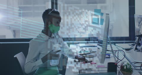 Businessman Working in Office with Abstract Data Overlay