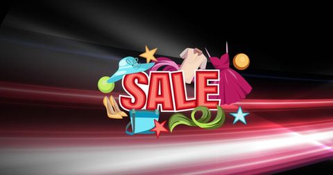 Vibrant sale banner with shopping icons and pink lighting