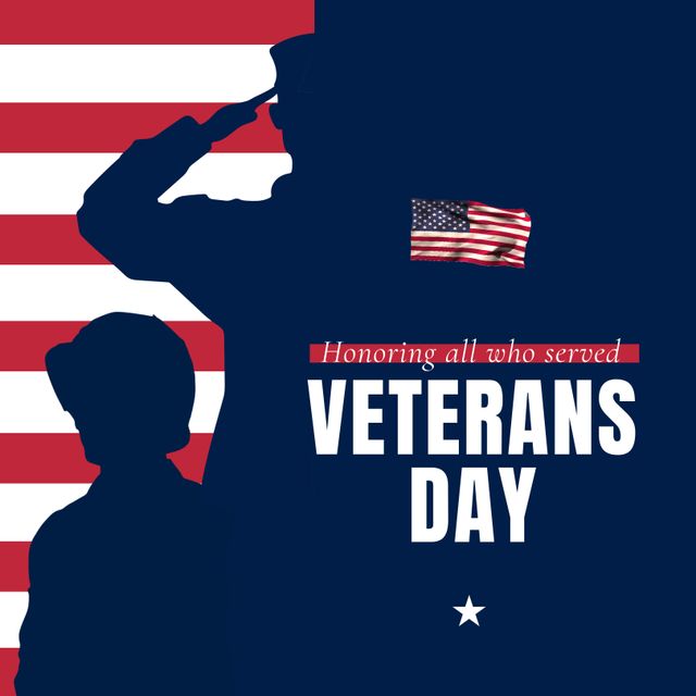 This image features a silhouetted soldier saluting against a backdrop of the American flag, accompanied by a text honoring Veterans Day. Ideal for use in Veterans Day promotions, military appreciation events, educational materials, and patriotic celebrations.