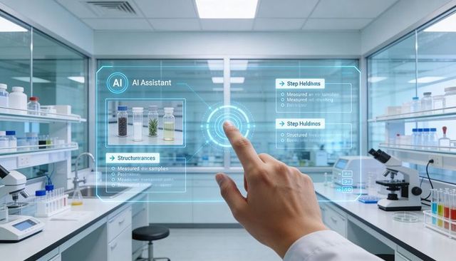 Hand operating ai holographic assistant interface in clinical laboratory biotech research