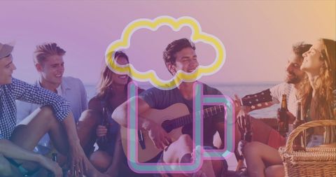 Diverse Friends Enjoying Beach Picnic with Guitar and Drinks