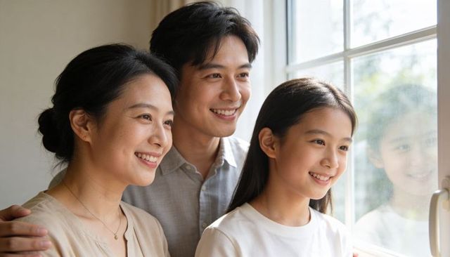 Smiling family gazing out sunlit window at home, warm natural light, parent child bonding