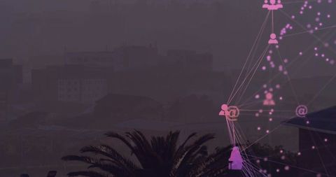 Future Tech Network over Skyline with Palm Trees at Dusk