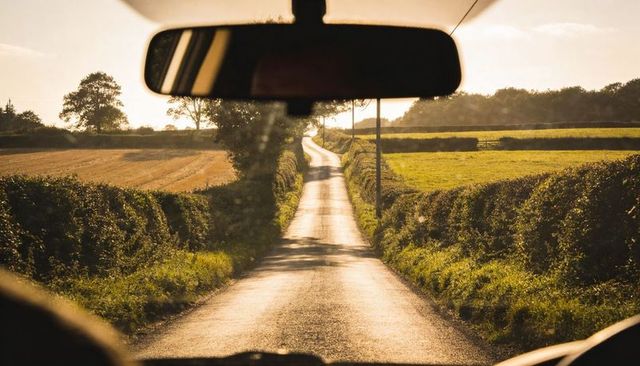 Windshield-framed sunlit country lane at golden hour, narrow winding road through fields