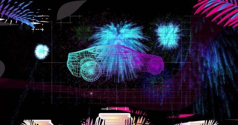 Neon wireframe sports car rotating on futuristic grid with fireworks and tropical palms