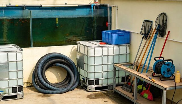 Industrial maintenance area featuring ibc tank, coiled hose, fish tank and cleaning tools