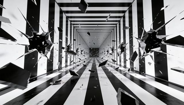 Monochrome striped corridor shattering into flying shards, drawing eye to vanishing point