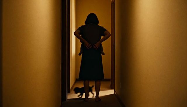 Silhouetted parent carrying toddler down warm backlit hallway with cat shadow evening mood