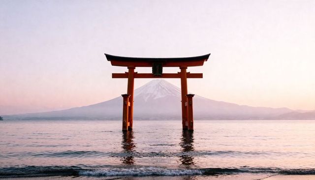 Red torii gate standing in lake at sunrise with mount fuji reflection and pastel sky