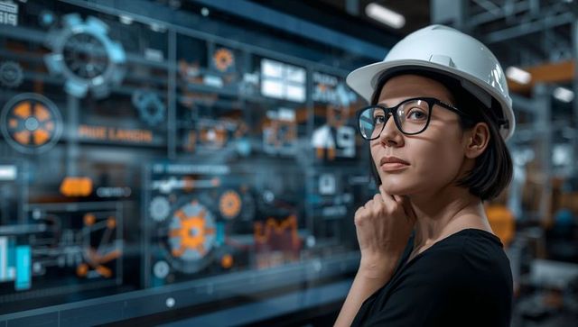 Female Engineer Wearing Hard Hat and Glasses Studying Digital Control Dashboard in Factory