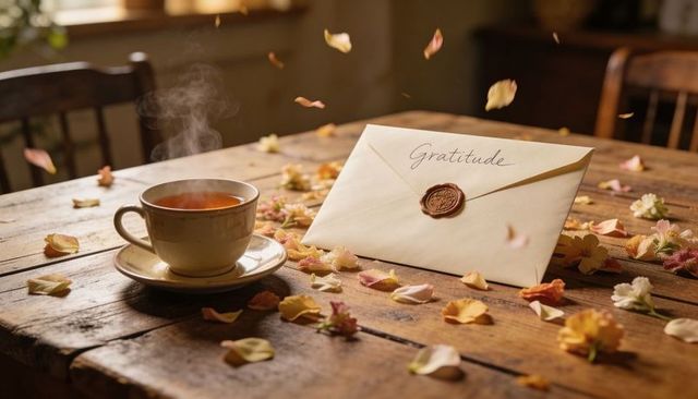 Gratitude letter with wax seal and steaming tea cup on rustic wooden tabletop