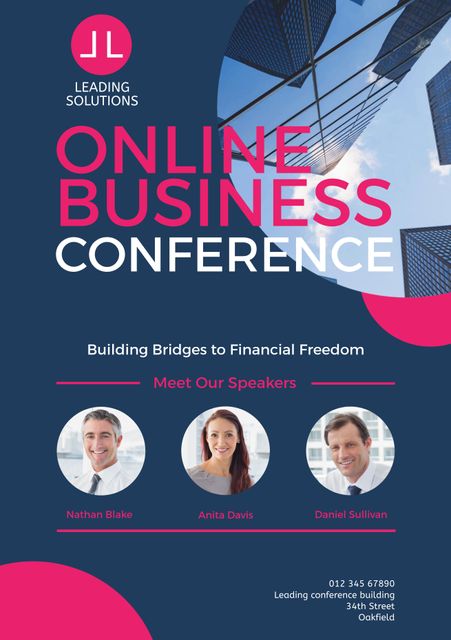 This poster advertises an online business conference featuring male and female business speakers against a backdrop of modern skyscrapers. Ideal for promoting virtual corporate events, business seminars, and professional networking gatherings, emphasizing economic integration and financial freedom.