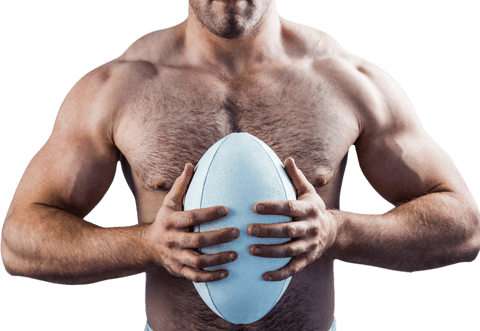 Muscular shirtless rugby player holding transparent rugby ball