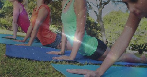 Four People Practicing Yoga Together Outdoors in Park