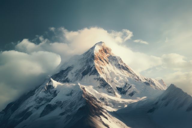 Majestic snowy mountain with its peak shrouded by clouds, bathed in the soft light of dawn. The imposing mass of the Himalayan range offers a rugged landscape with pristine wilderness. Perfect for use in travel blogs, adventure promotions, nature documentaries, and as motivational imagery.