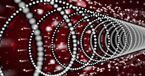 Spiraling Concentric Rings Receding Through Red Digital Tunnel with White Spheres