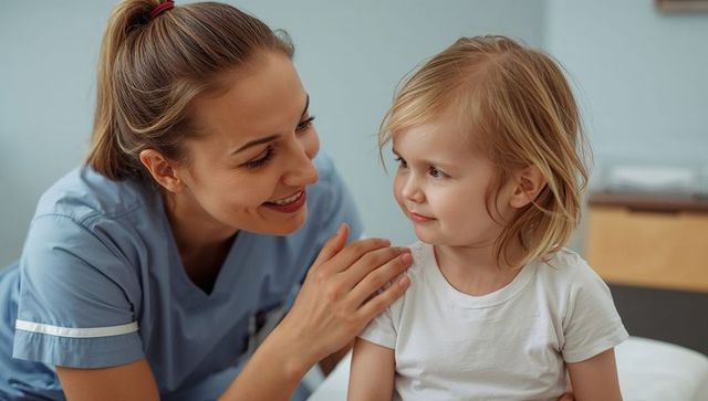 Smiling nurse comforting toddler on exam table, warm pediatric care and reassurance
