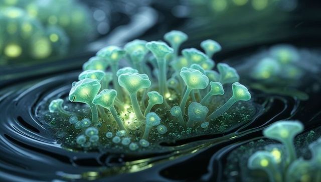 Glowing Bioluminescent Fungi in Dark Liquid Environment