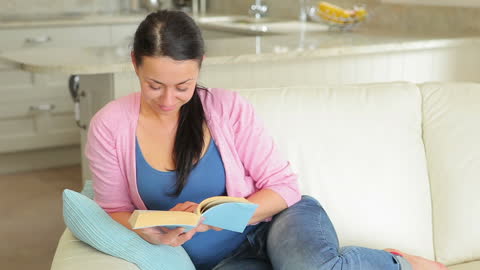 Relaxed Woman Reading Book on Comfortable Sofa at Home