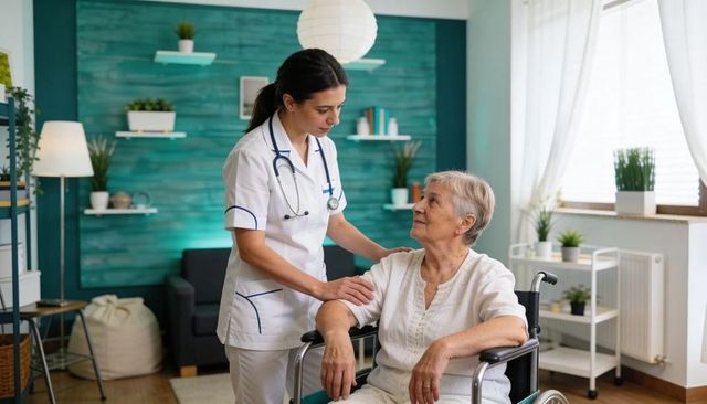 Comforting nurse assisting elderly woman in wheelchair during home care, warm cozy interior