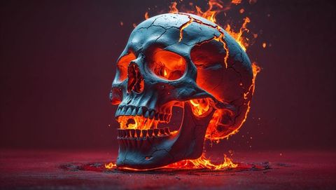 Molten lava skull erupting hell flames in dark red abyss