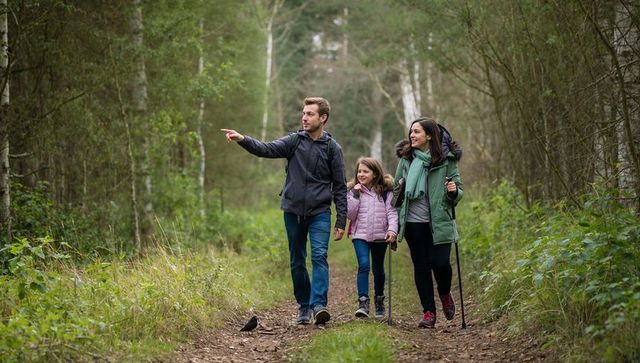 Family hiking woodland trail pointing at bird, parents guiding smiling child