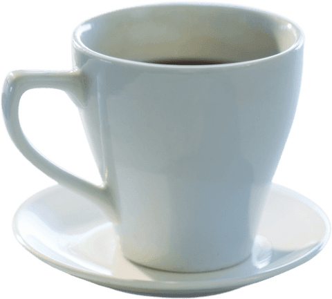 Transparent ceramic cup full of coffee on saucer