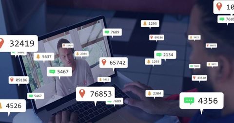 Remote team connecting via laptop with floating notification badges and chat alerts