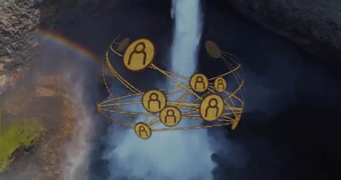 Digital Network Sphere Over Waterfall Illustrates Technological Connectivity