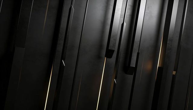 Matte Black Vertical Panels with Slim Gold Light Seams for Minimal Luxury Abstract Design