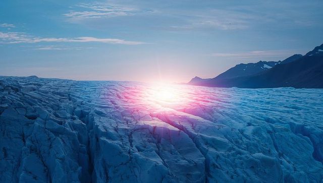 Majestic Glacier Crevasses at Pink Sunset in Arctic Landscape