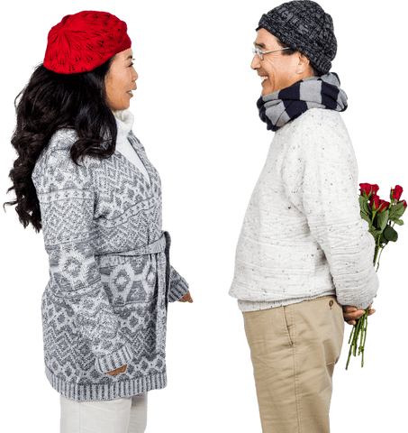 Senior Couple in Sweaters Sharing Romantic Moment with Roses on Transparent Background