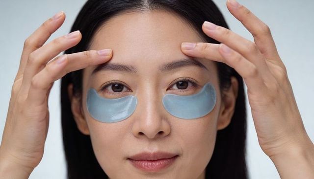 Asian woman applying blue hydrogel under-eye patches smoothing skin close-up skincare routine