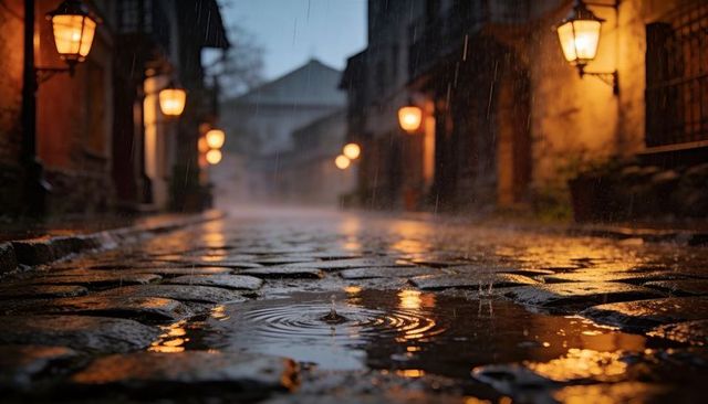 Rain-drenched cobblestone alley at dusk with lantern reflections and raindrop ripples