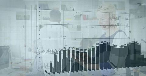 Business team collaborating over transparent 3D bar chart analytics overlay in modern office workspa