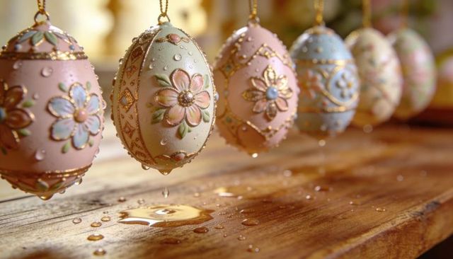 Hanging Pastel Floral Embossed Easter Eggs Dripping Water Above Rustic Wooden Plank