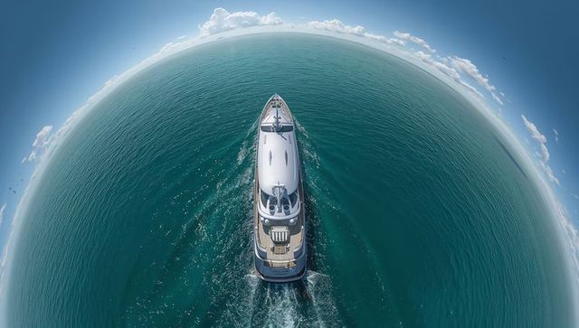 Luxury motor yacht gliding across turquoise sea with curved horizon, aerial perspective