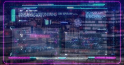 Futuristic hud interface over city skyline with neon purples