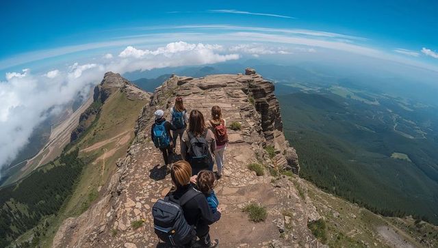 Group hiking along narrow mountain ridge toward dramatic cliff overlooking valley panorama