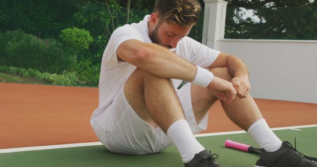 Tired, disappointed caucasian man sitting with head down after playing at an outdoor tennis court. Sport, competition, fitness and healthy active lifestyle.