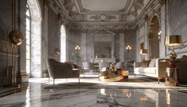 Grand marble salon featuring gray upholstered armchair and gilded gold accents